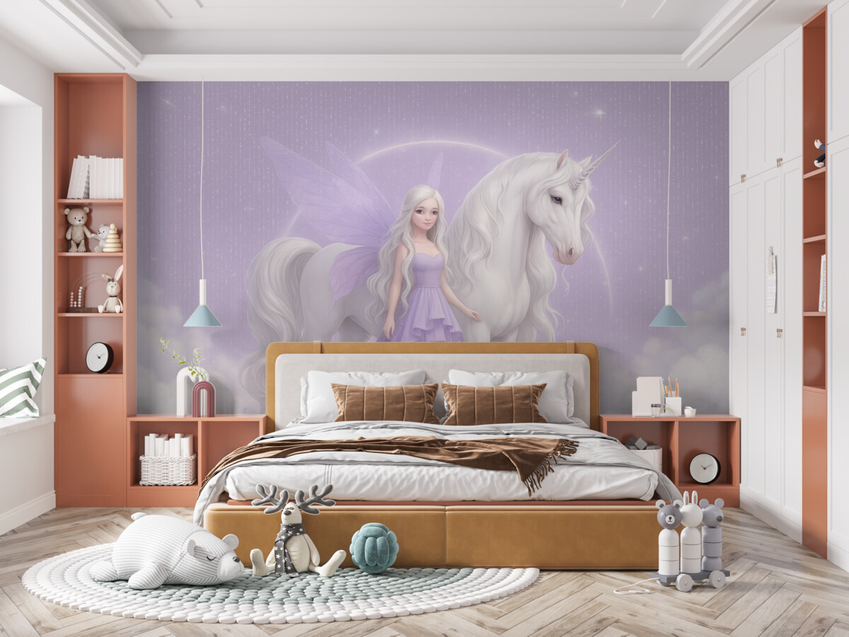 Fototapeta Wróżka z jednorożcem pośród chmur.