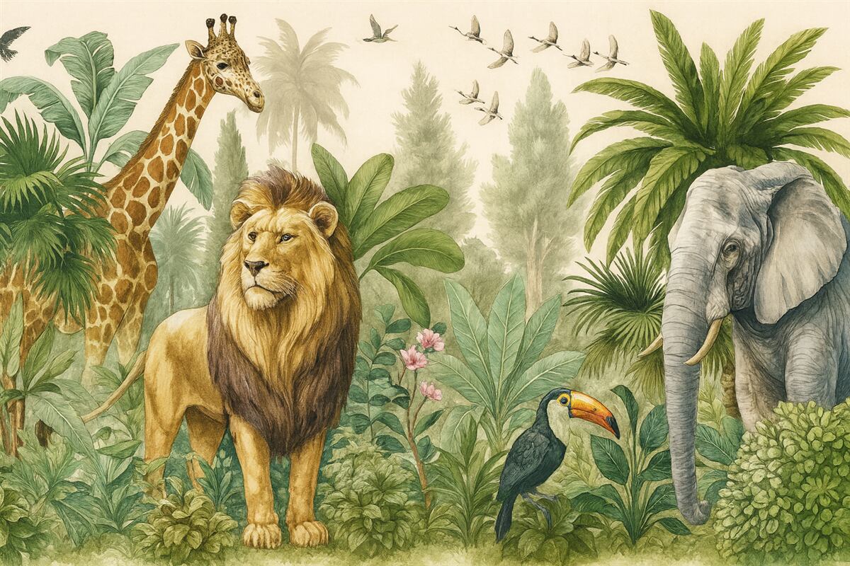 Fototapeta Afrykańskie stworzenia wśród tropikalnej roślinności.