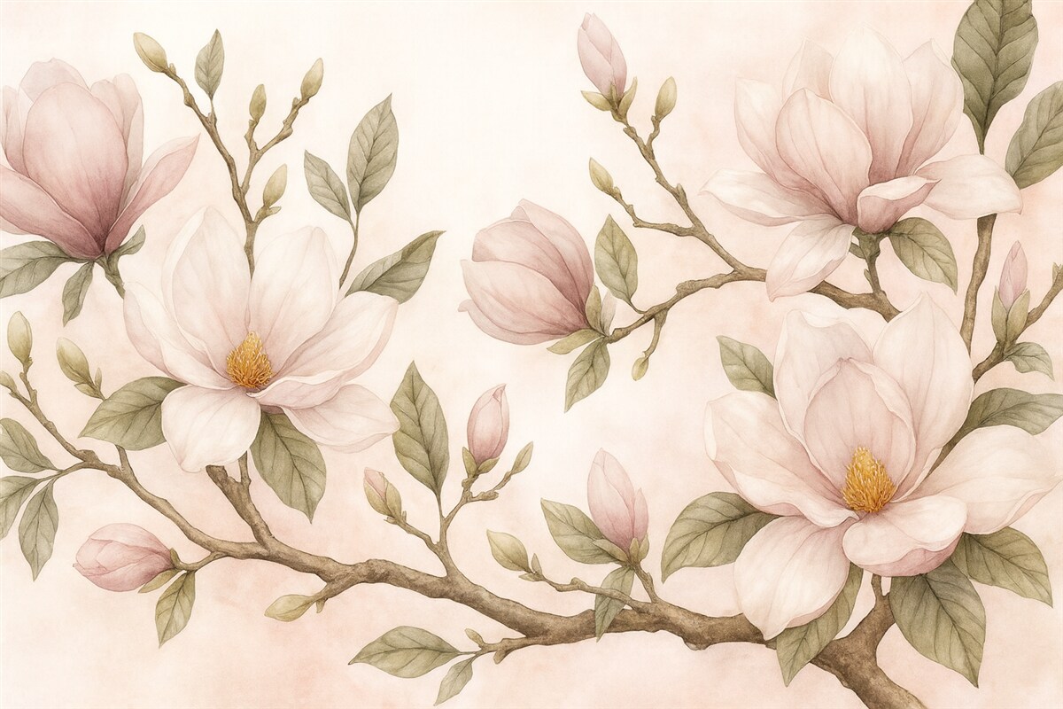 Fototapeta Kwitnące gałązki magnolii w subtelnych pastelowych tonacjach.