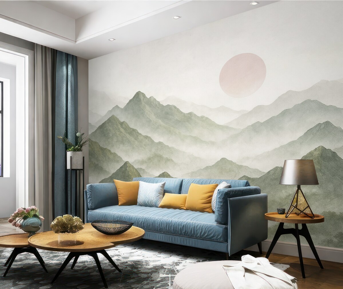 Fototapeta Boho styl górski krajobraz, zachód słońca, delikatny pastel, zielony.