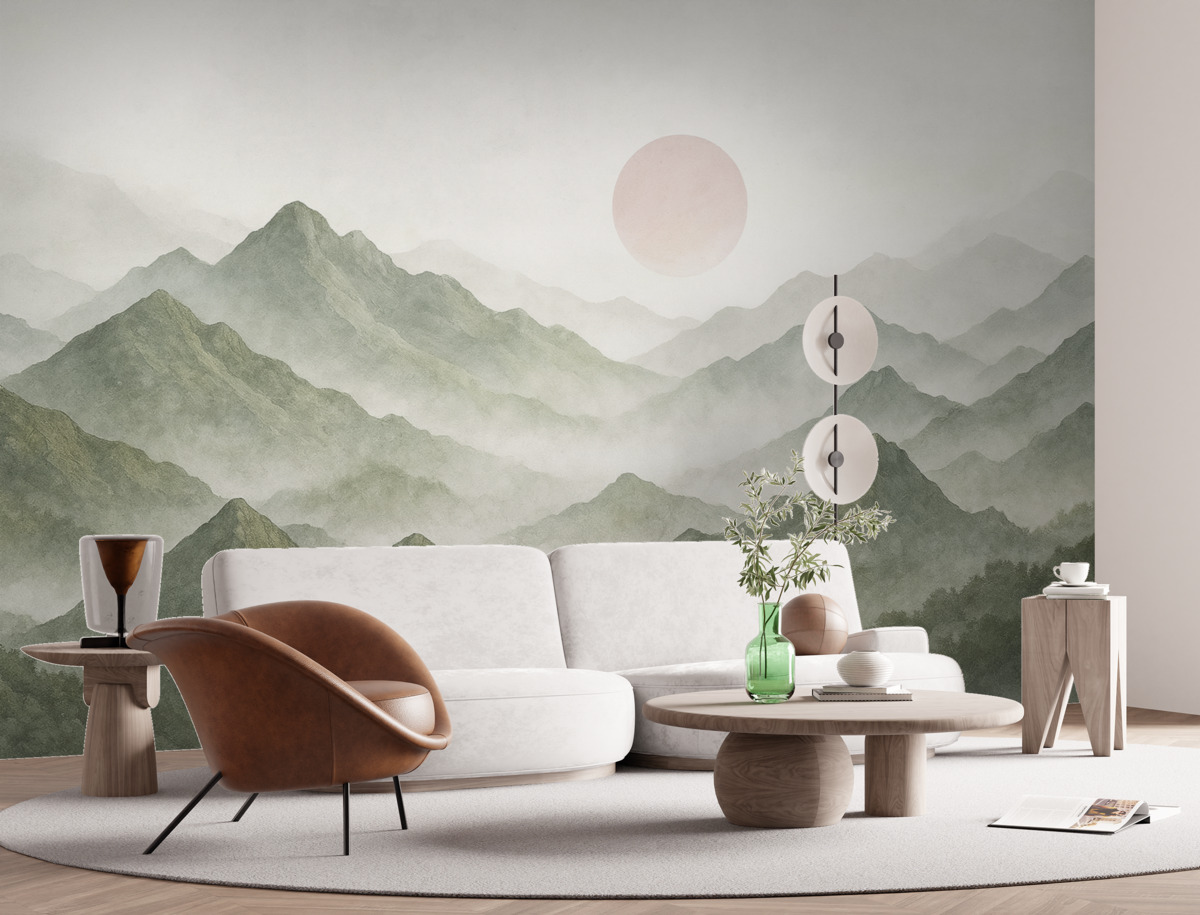Fototapeta Boho styl górski krajobraz, zachód słońca, delikatny pastel, zielony.