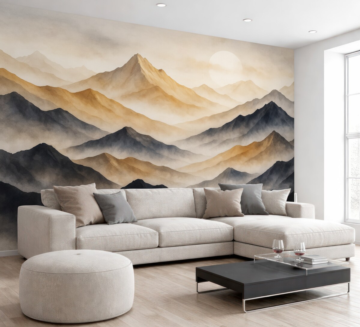 Fototapeta Pejzaże górskie, technika akwareli, mgiełka, beżowy i szary.