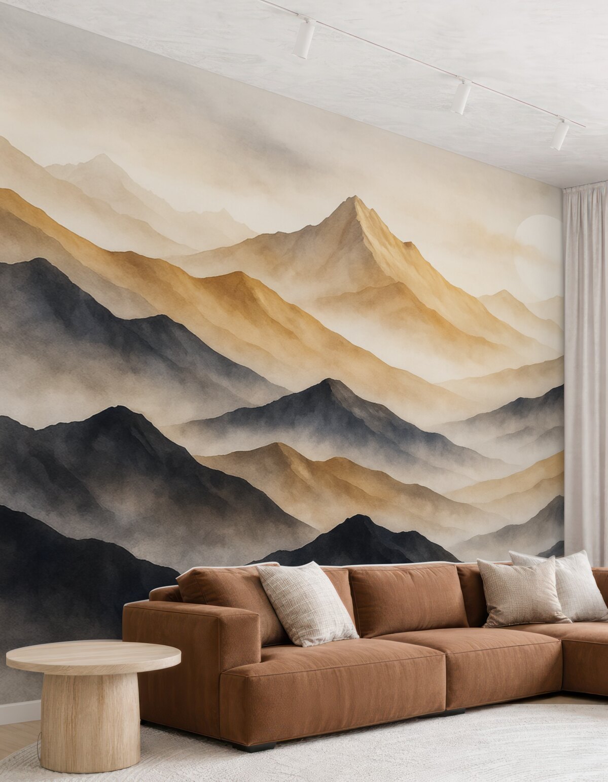 Fototapeta Pejzaże górskie, technika akwareli, mgiełka, beżowy i szary.