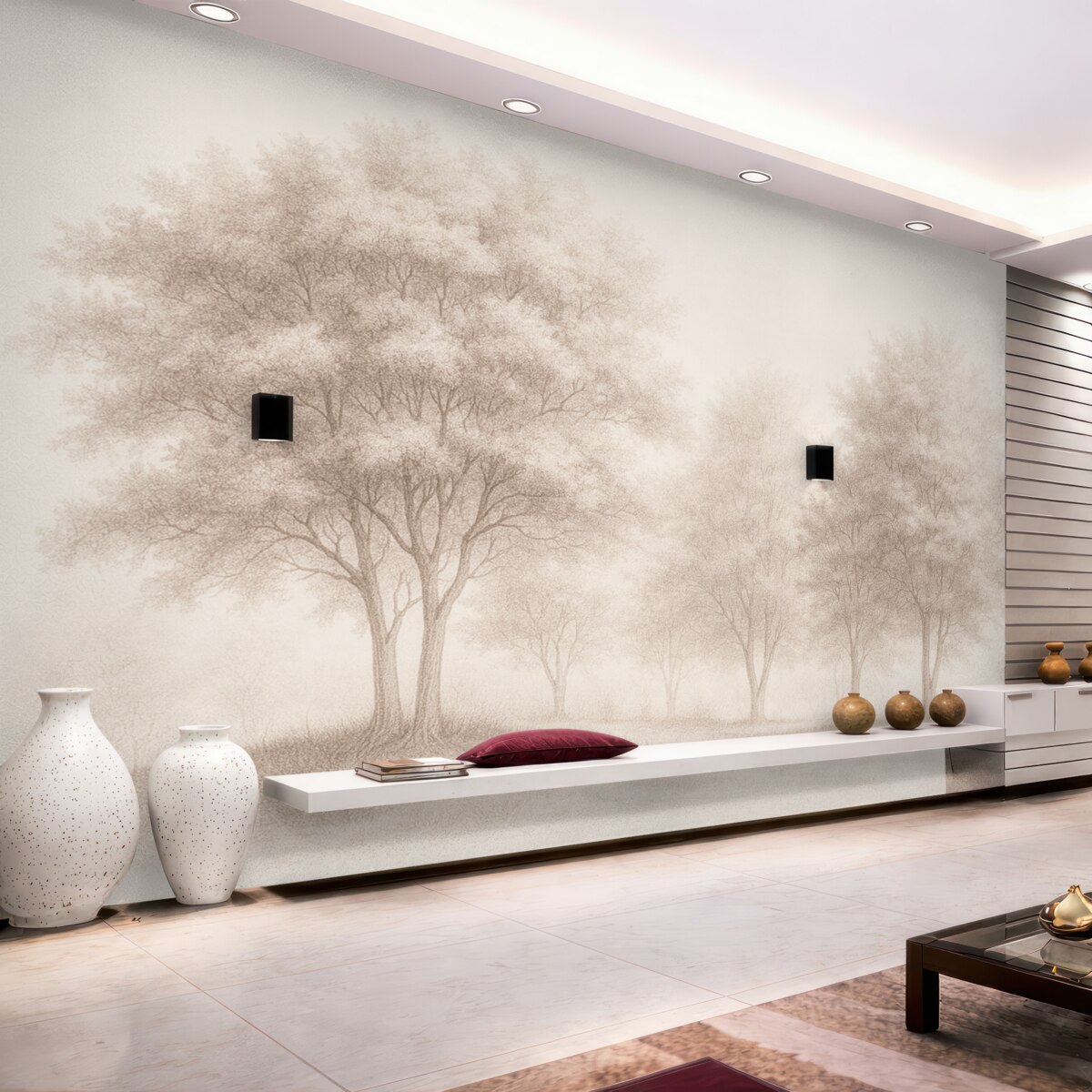 Fototapeta Rozkwitające drzewa, wiosenny czas, rysunek wykonany ołówkiem, różowe odcienie, przyroda.