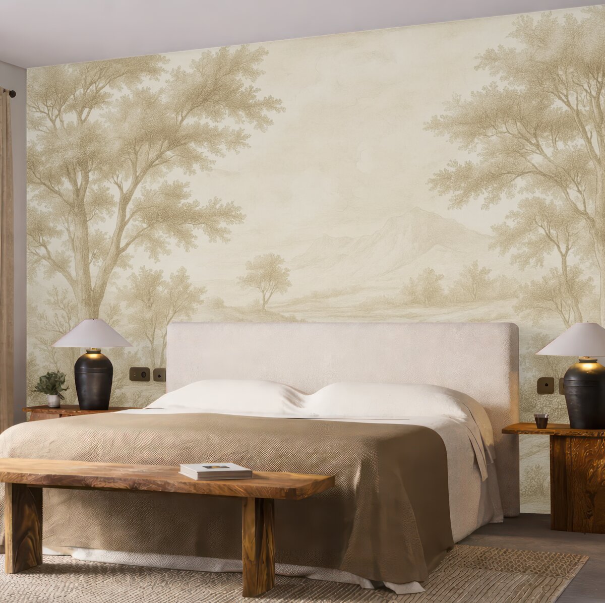 Fototapeta Drzewa na pagórku, delikatny rysunek, kremowe odcienie, wiejski.