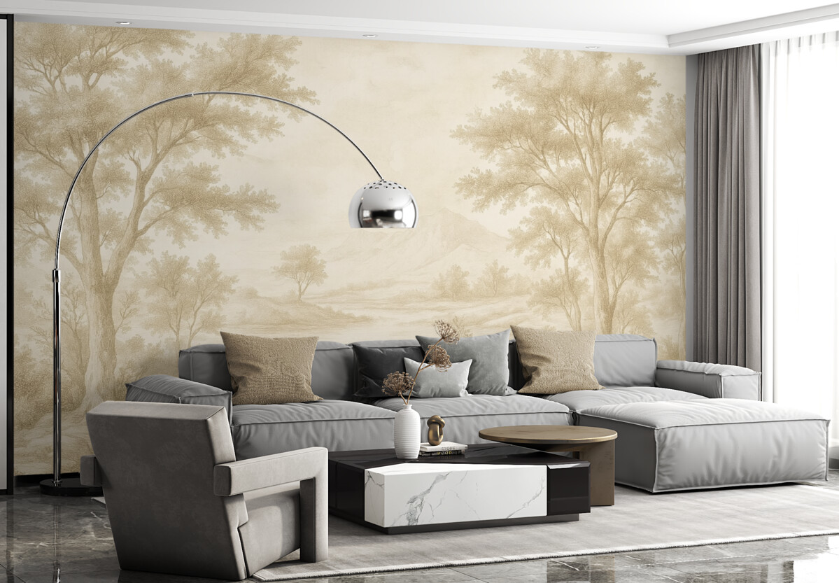 Fototapeta Drzewa na pagórku, delikatny rysunek, kremowe odcienie, wiejski.