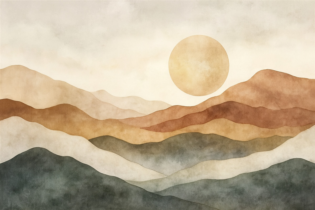 Fototapeta Akwarelowy krajobraz górski z promieniem słońca, styl boho, czerwony, pomarańczowy, szary.