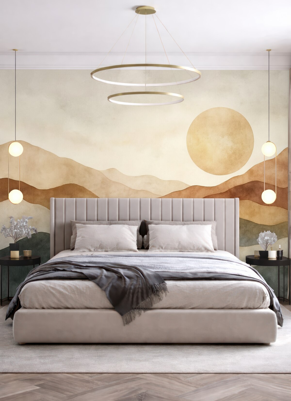 Fototapeta Akwarelowy krajobraz górski z promieniem słońca, styl boho, czerwony, pomarańczowy, szary.