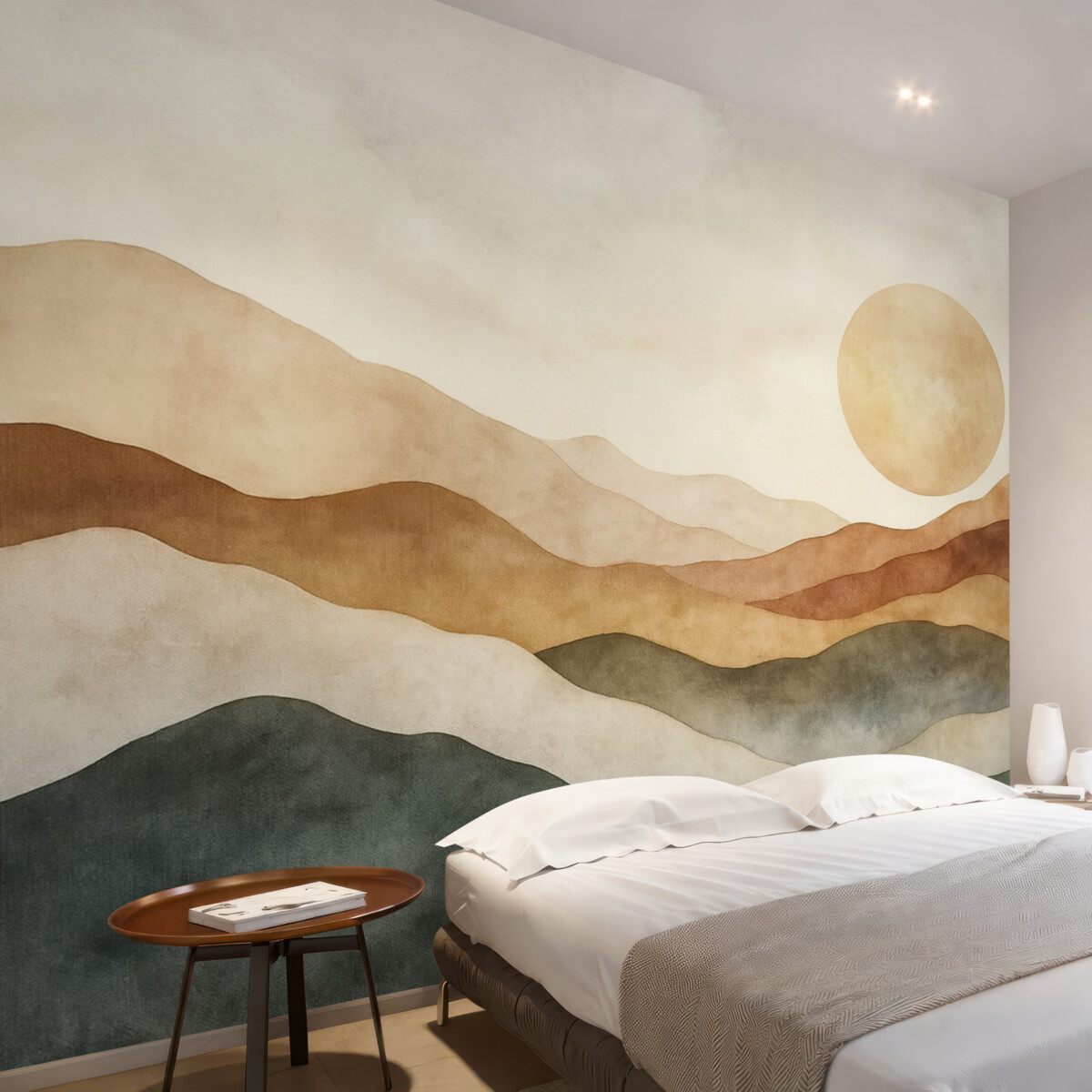 Fototapeta Akwarelowy krajobraz górski z promieniem słońca, styl boho, czerwony, pomarańczowy, szary.