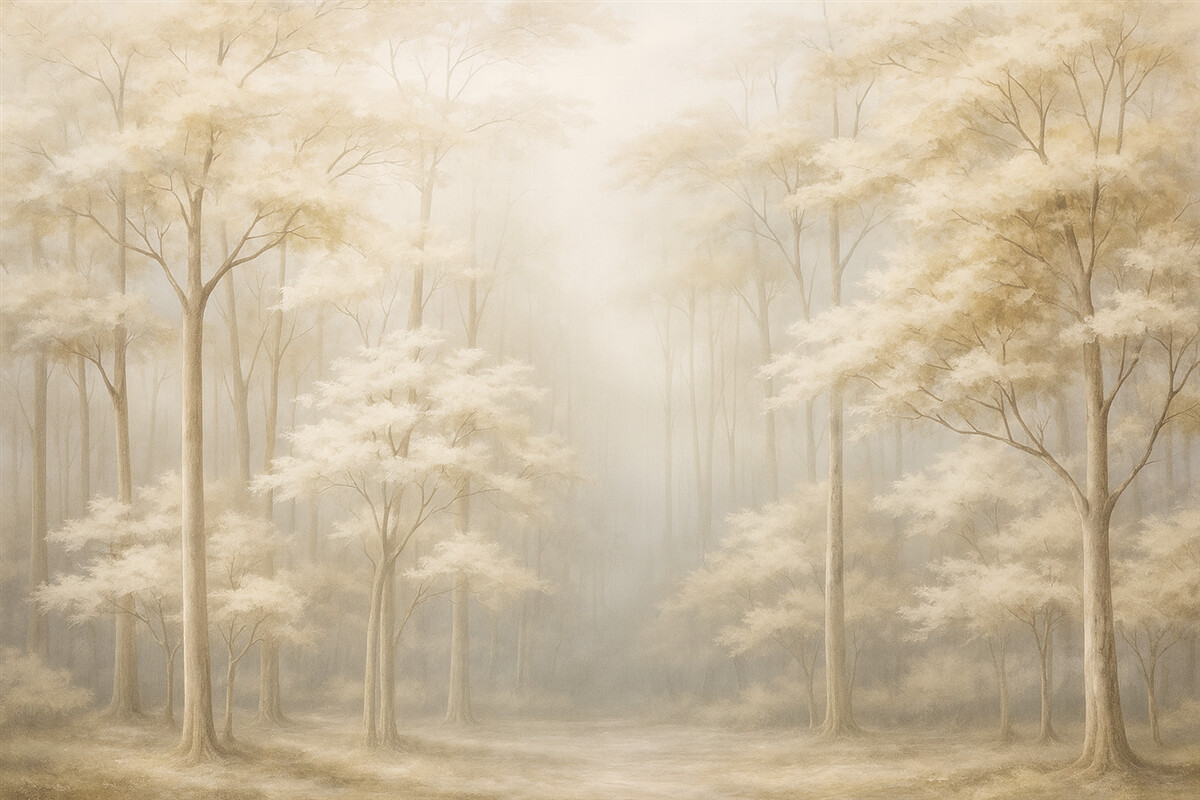 Fototapeta Mglisty gaj z uroczymi, subtelnymi drzewami.