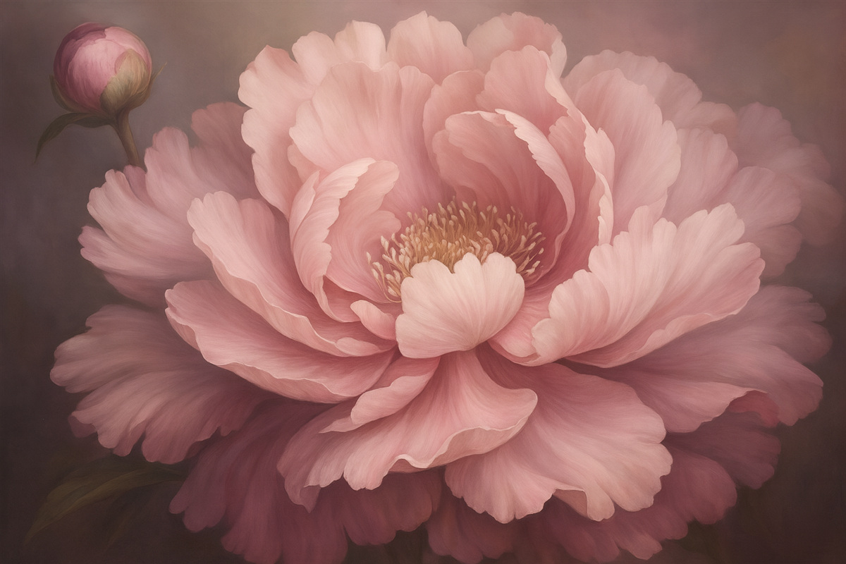 Fototapeta Pastelowo różowy kwiat piwonii na zamglonym tle.