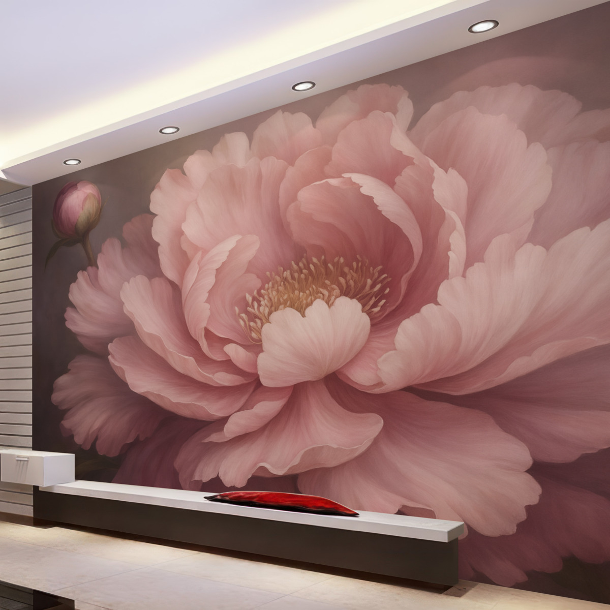 Fototapeta Pastelowo różowy kwiat piwonii na zamglonym tle.