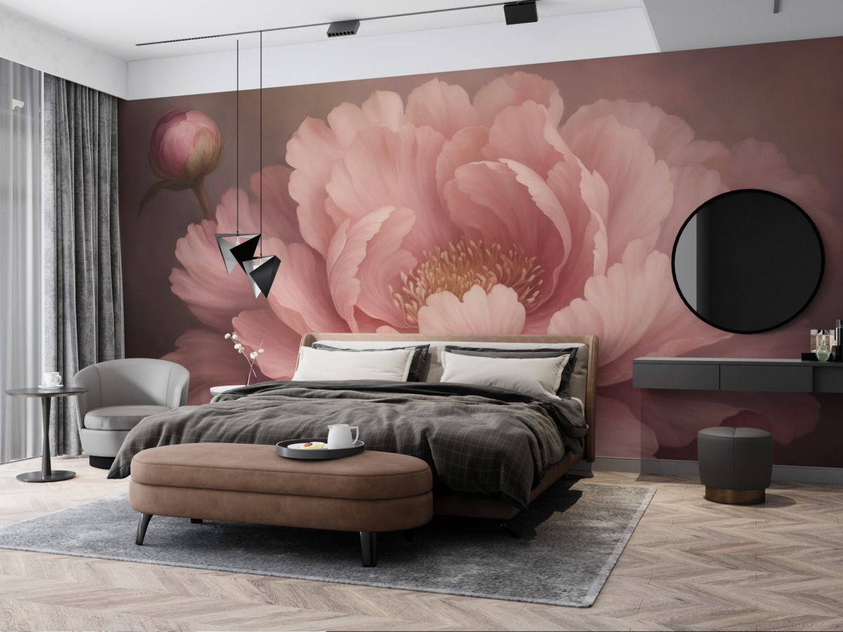 Fototapeta Pastelowo różowy kwiat piwonii na zamglonym tle.