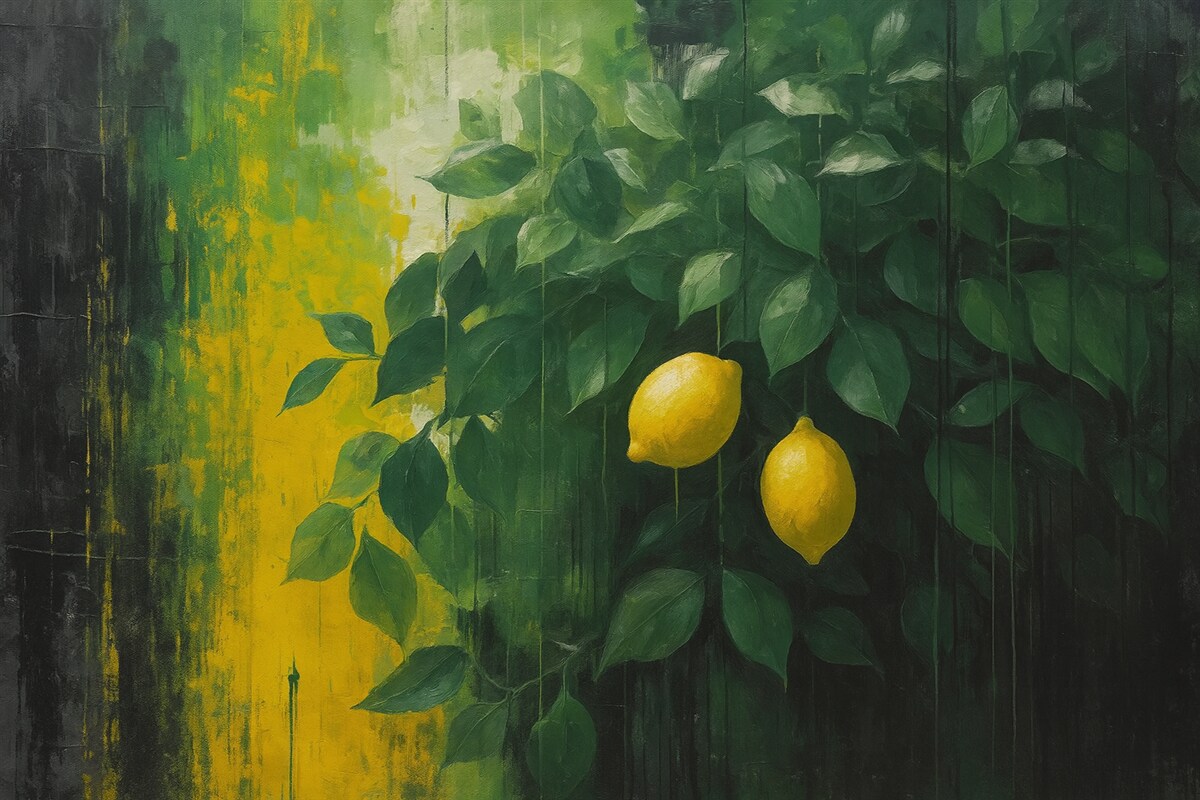 Fototapeta Cytryny na tle kontrastowym w stylu grunge.