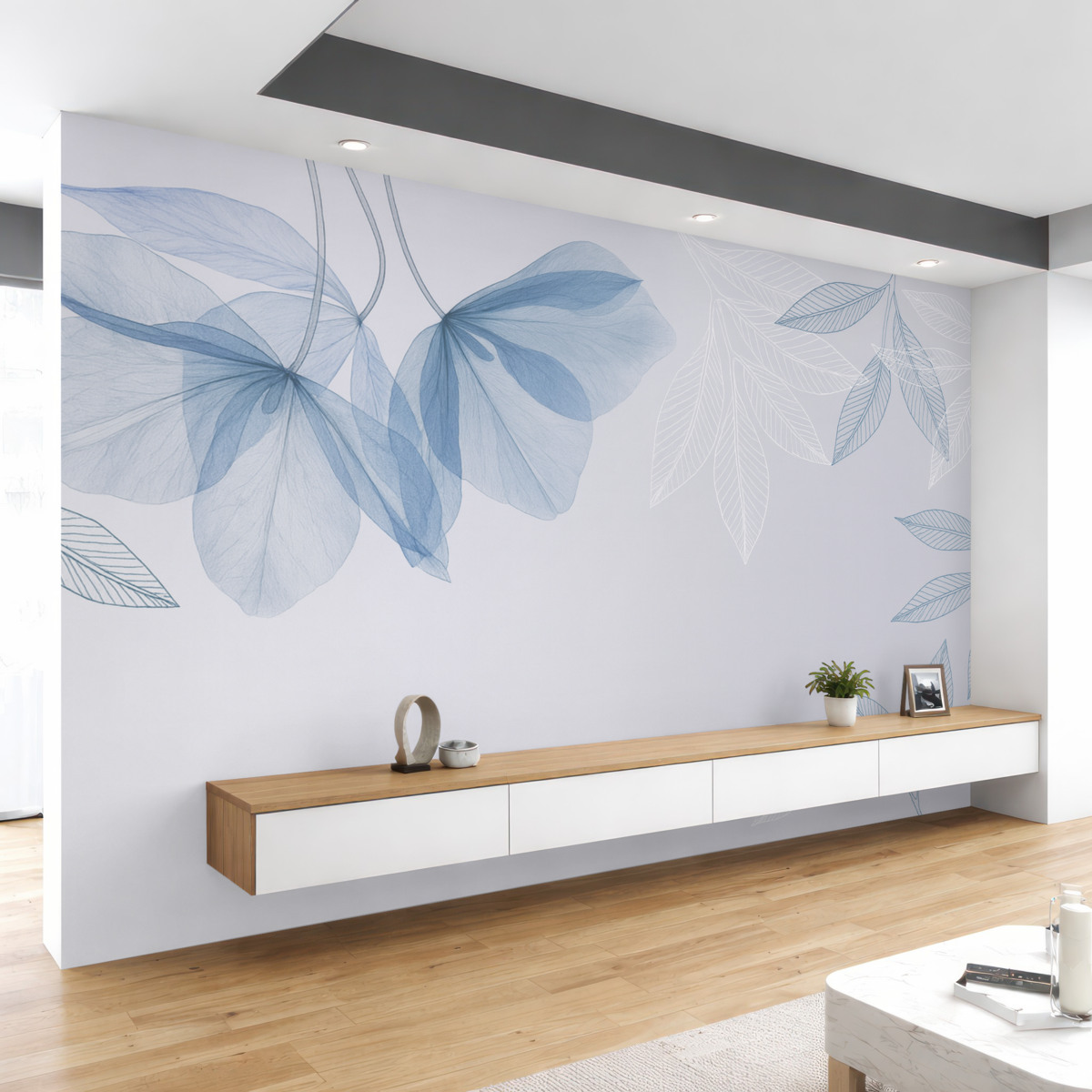 Fototapeta Subtelne półprzezroczyste kwiaty i liście w kolorach niebieskich.