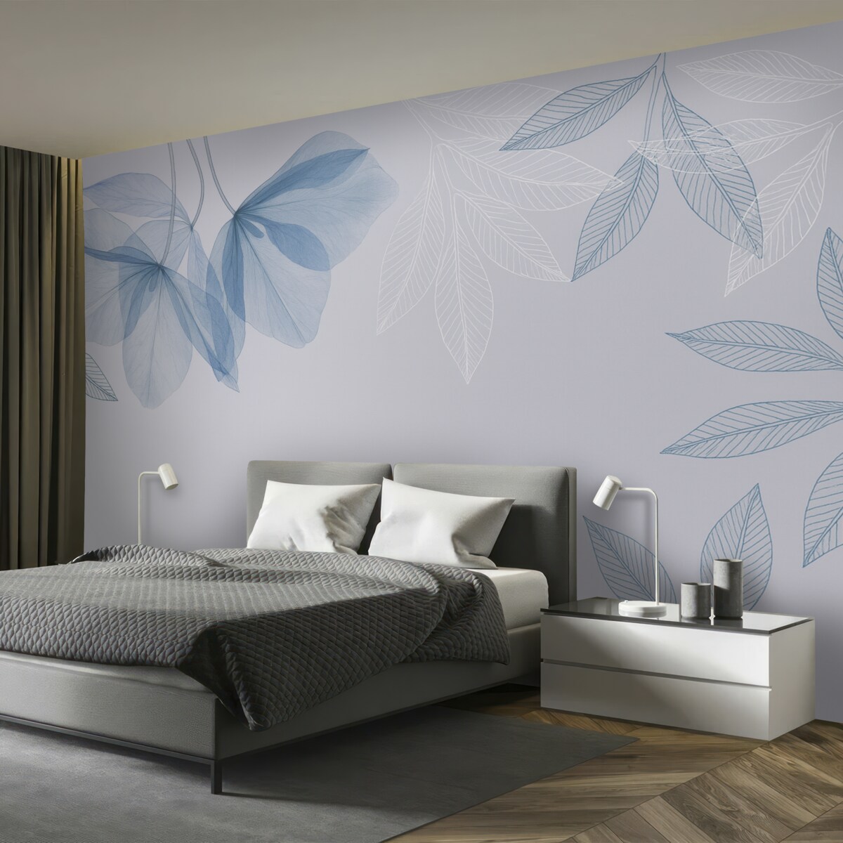 Fototapeta Subtelne półprzezroczyste kwiaty i liście w kolorach niebieskich.