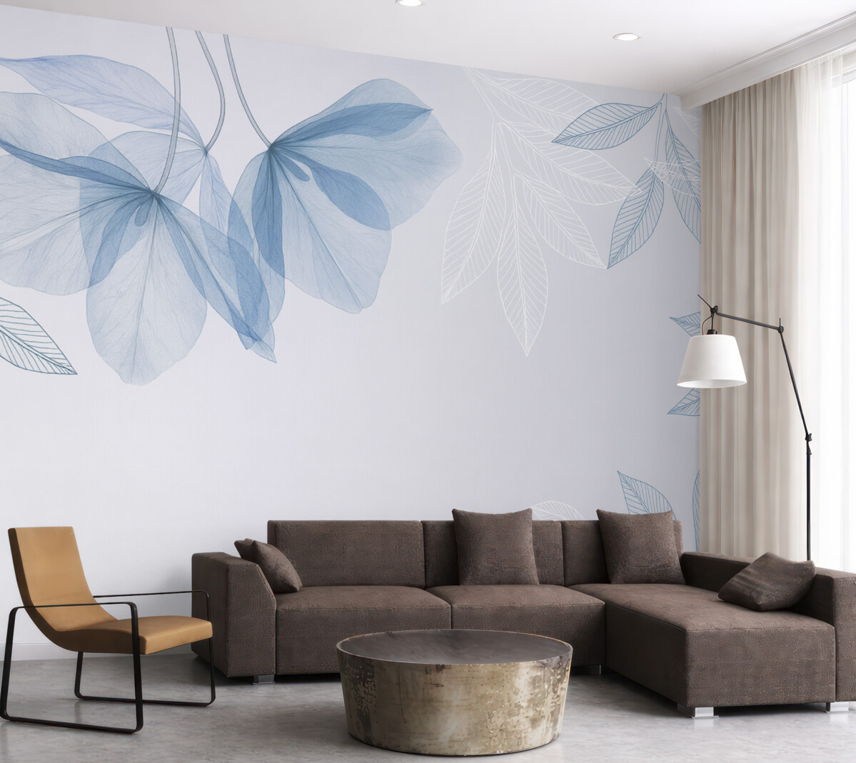 Fototapeta Subtelne półprzezroczyste kwiaty i liście w kolorach niebieskich.