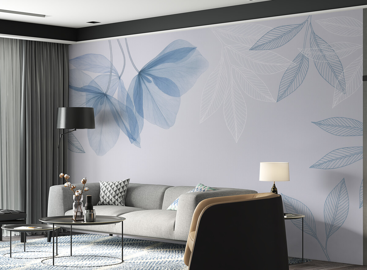 Fototapeta Subtelne półprzezroczyste kwiaty i liście w kolorach niebieskich.