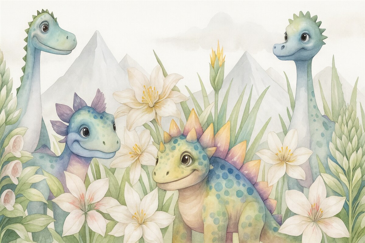 Fototapeta Dinozaury w tropikach stylizowane na akwareli.