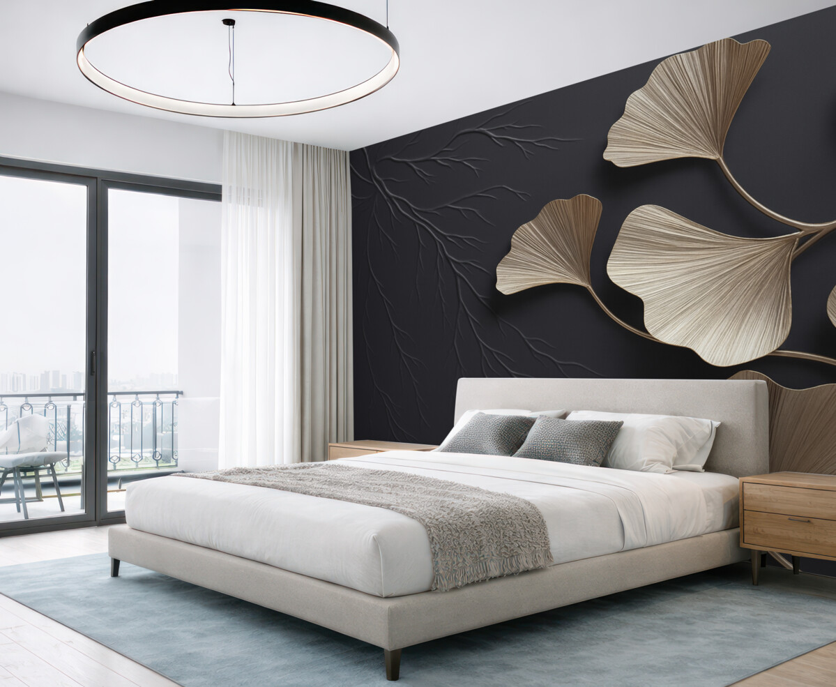 Fototapeta Wolumetryczne liście na mrocznej ścianie z konarami.