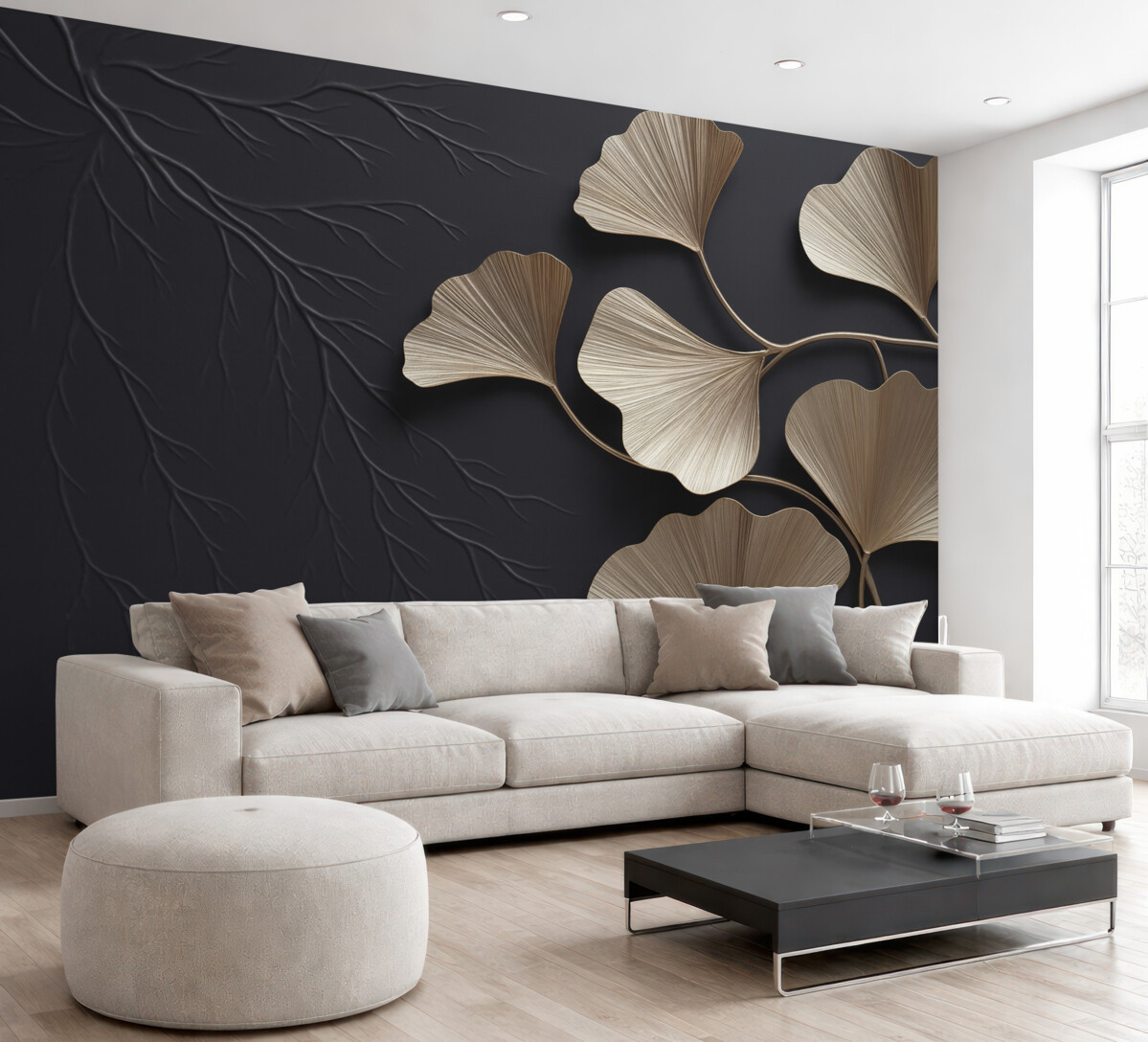 Fototapeta Wolumetryczne liście na mrocznej ścianie z konarami.