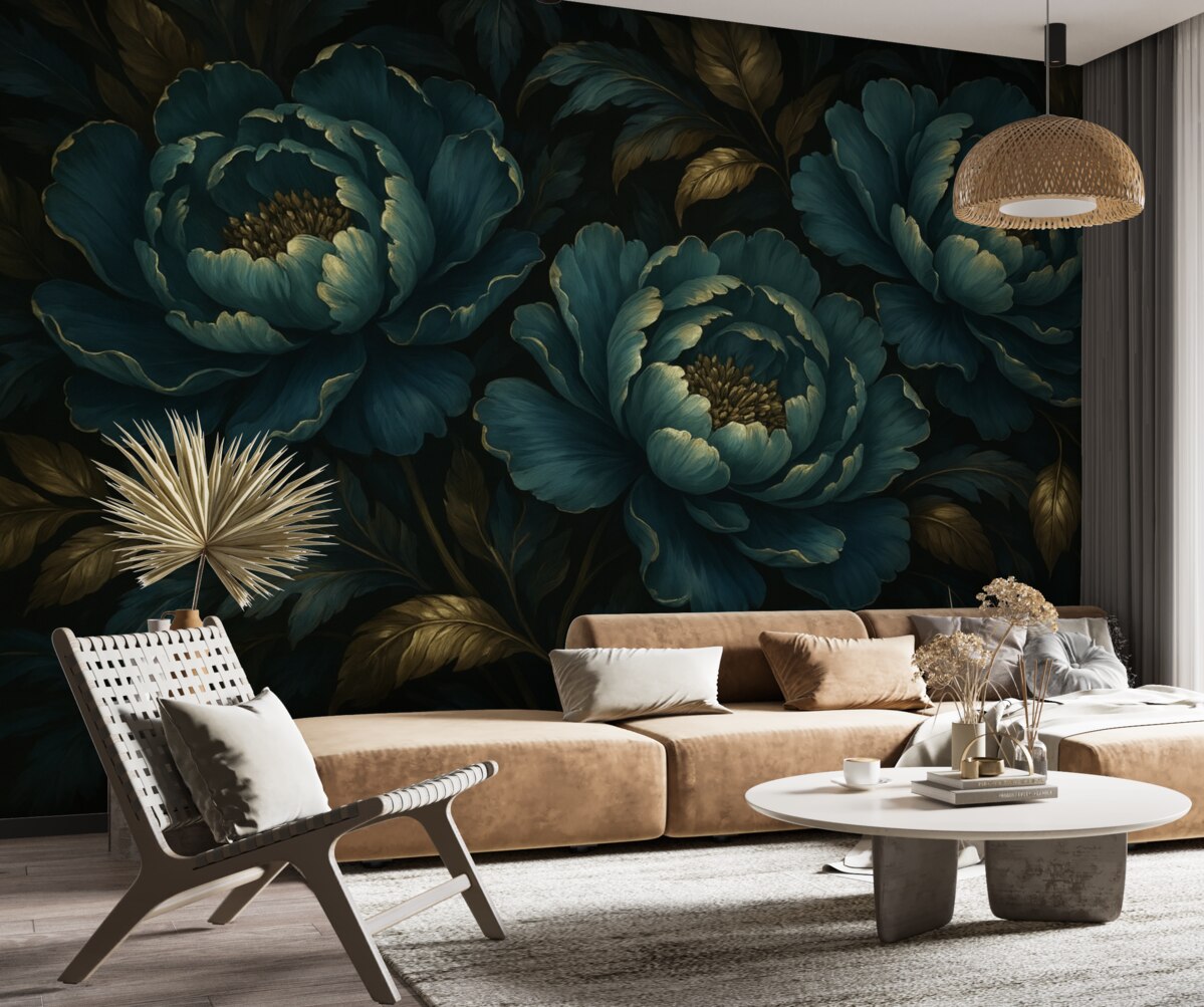 Fototapeta Kwiaty piwonii w pełnym kwitnieniu na ciemnym tle.