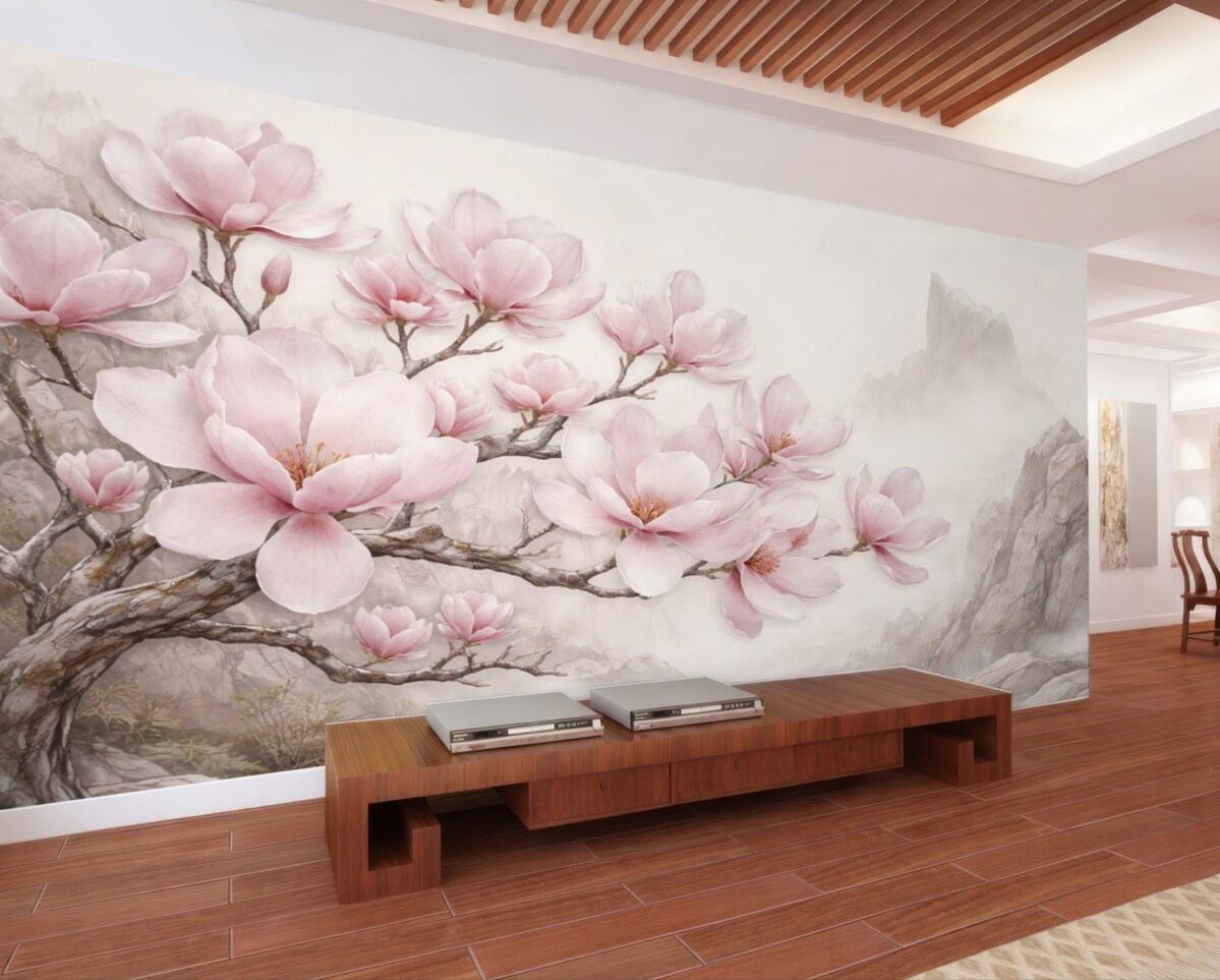 Fototapeta Akwarelowa łodyga magnolii nad kamieniem.