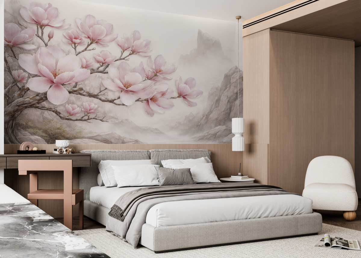 Fototapeta Akwarelowa łodyga magnolii nad kamieniem.