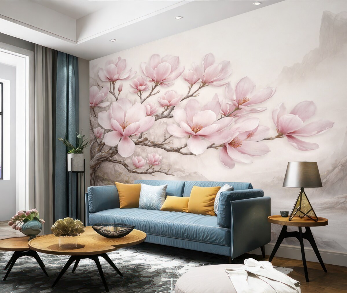 Fototapeta Akwarelowa łodyga magnolii nad kamieniem.