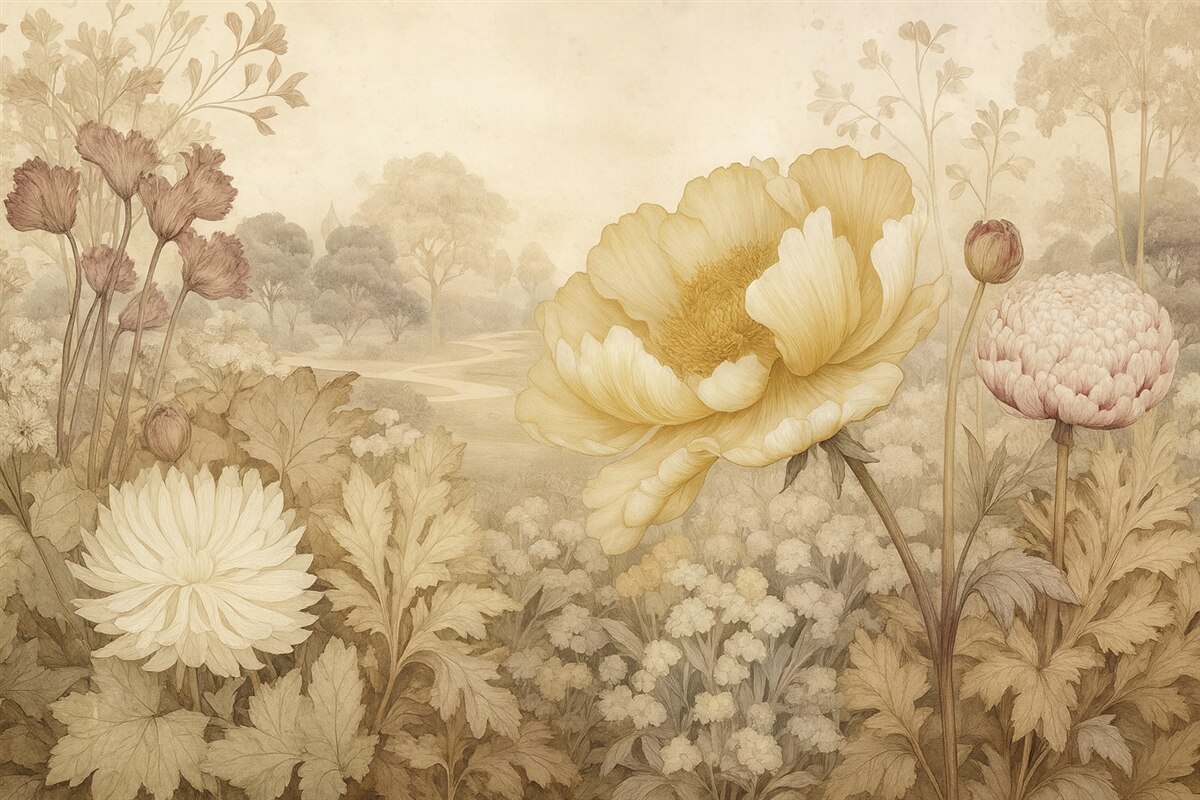 Fototapeta Kwiaty na ścianie w stylu retro.