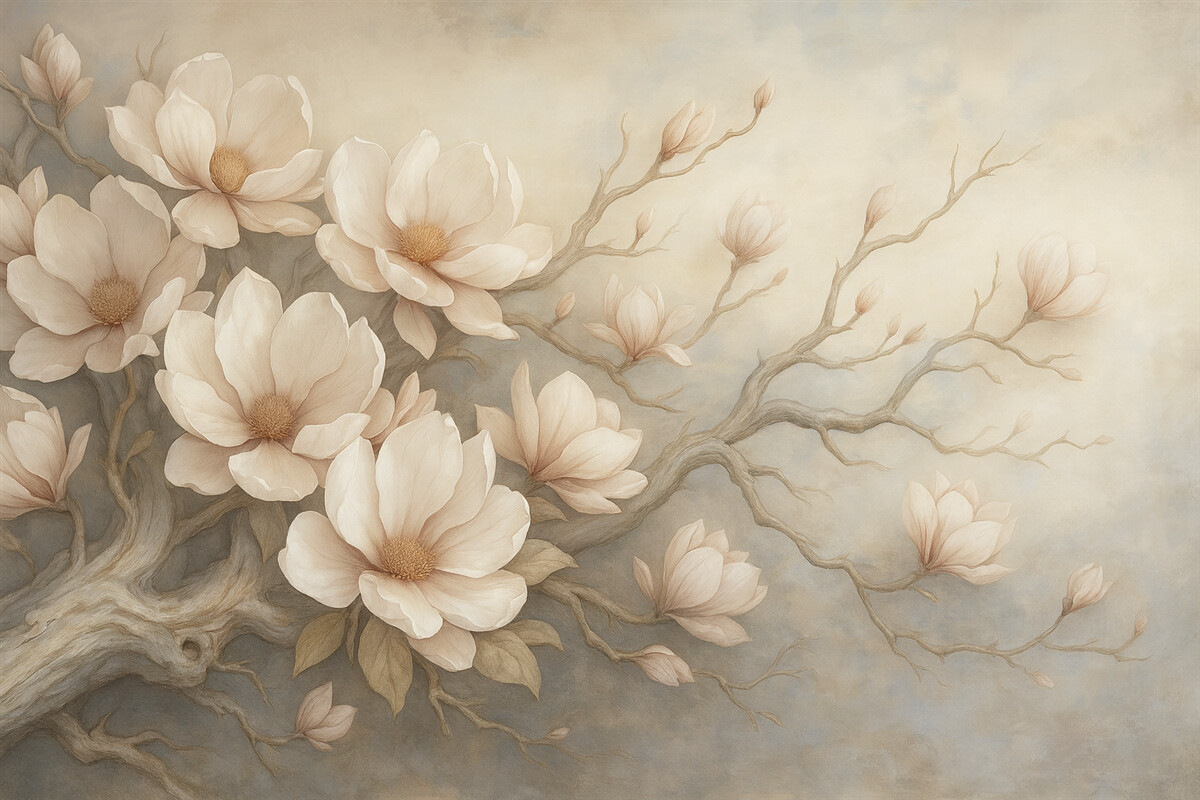 Fototapeta Subtelne drzewo magnolii namalowane farbami wodnymi.