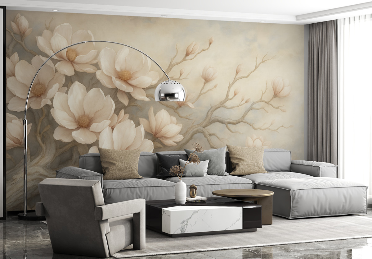 Fototapeta Subtelne drzewo magnolii namalowane farbami wodnymi.