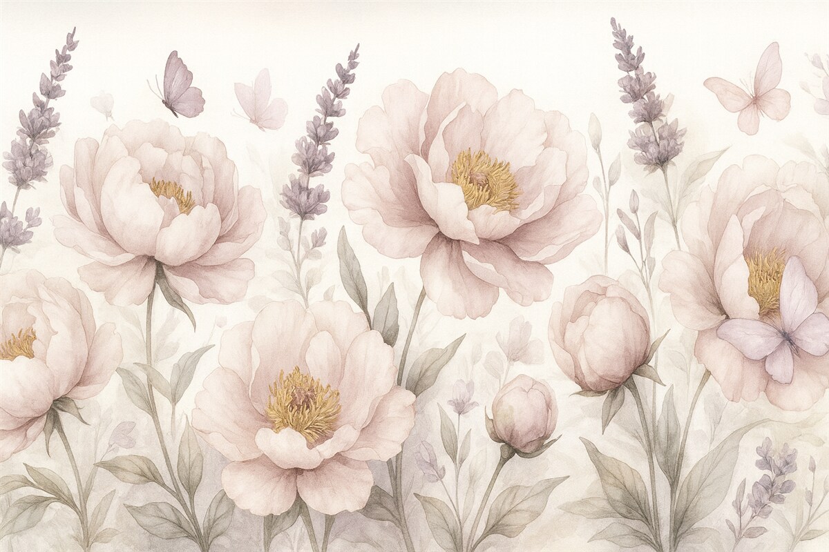 Fototapeta Kwiecista łąka, piwonie, lawenda, motyle, styl malarski, różowe odcienie.