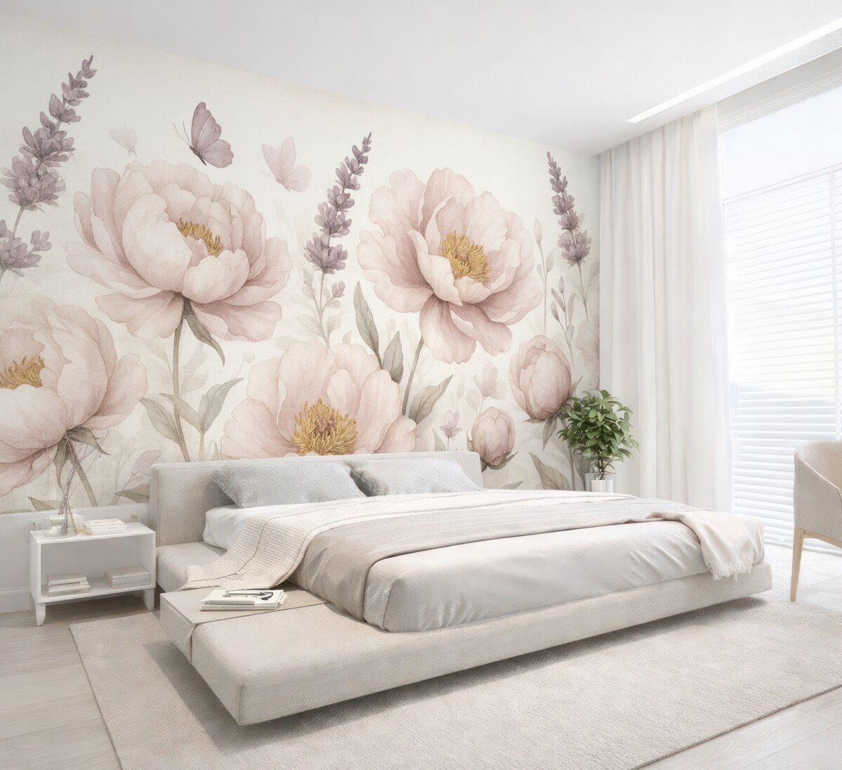 Fototapeta Kwiecista łąka, piwonie, lawenda, motyle, styl malarski, różowe odcienie.