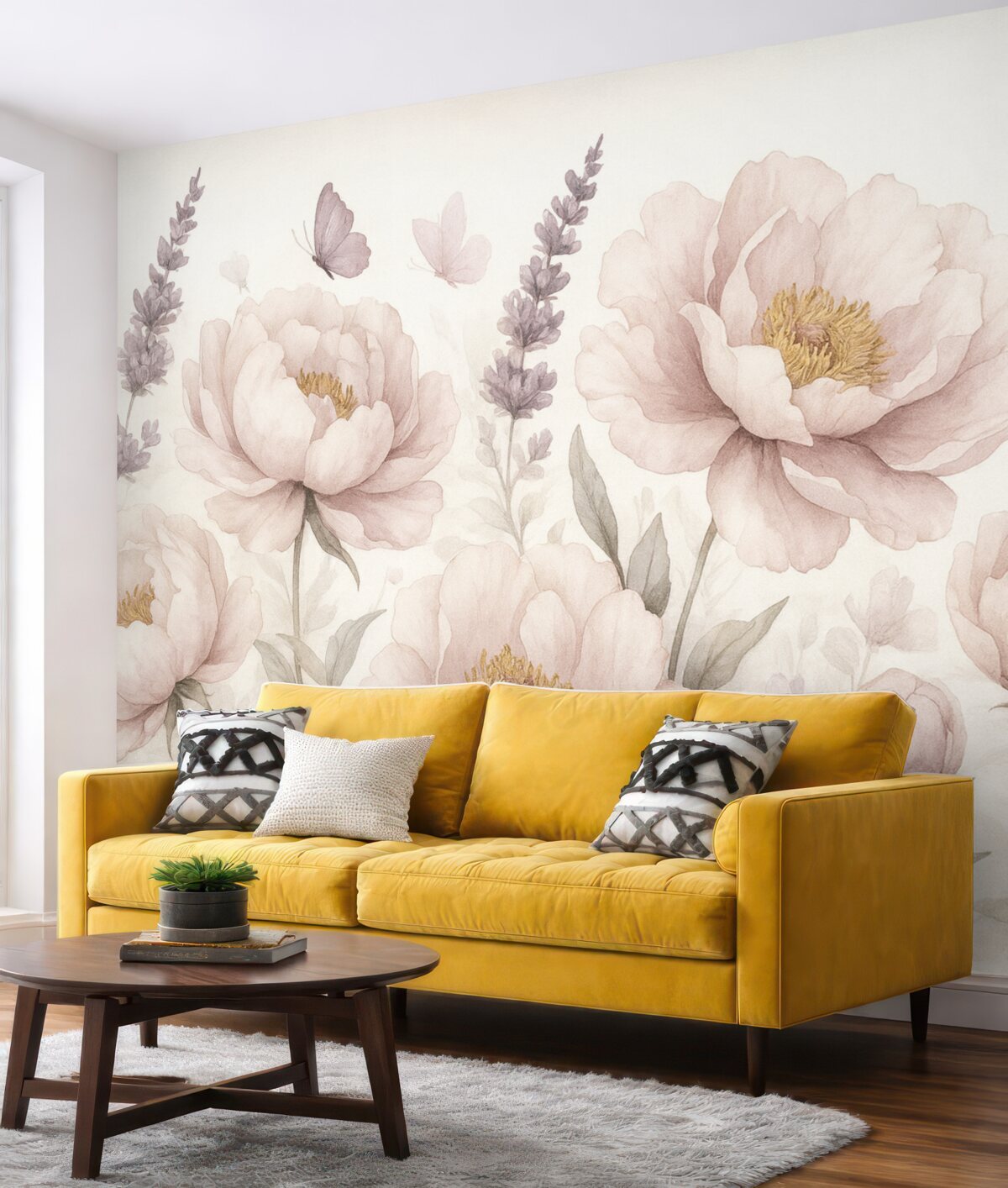 Fototapeta Kwiecista łąka, piwonie, lawenda, motyle, styl malarski, różowe odcienie.