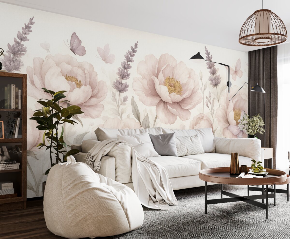 Fototapeta Kwiecista łąka, piwonie, lawenda, motyle, styl malarski, różowe odcienie.