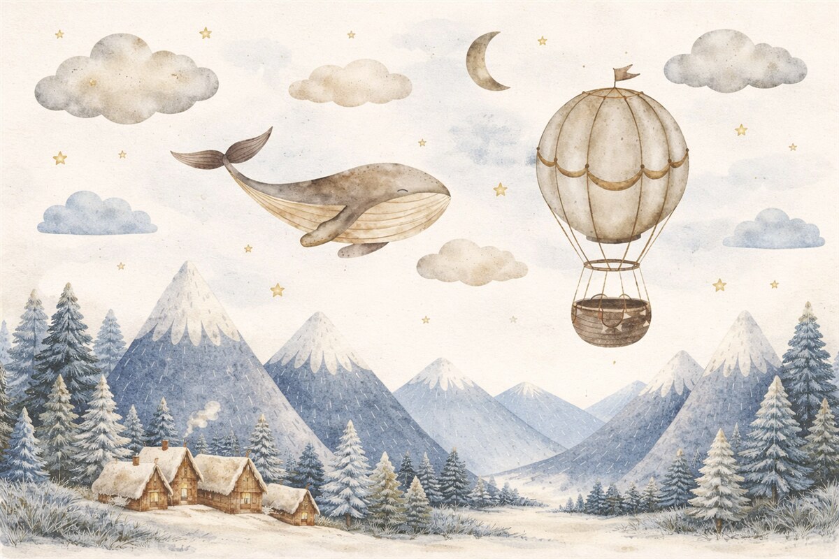 Fototapeta Balon, uroczy wales, rozgwieżdżone niebo, szczyty, akwarela, odcienie niebieskiego i beżowego.