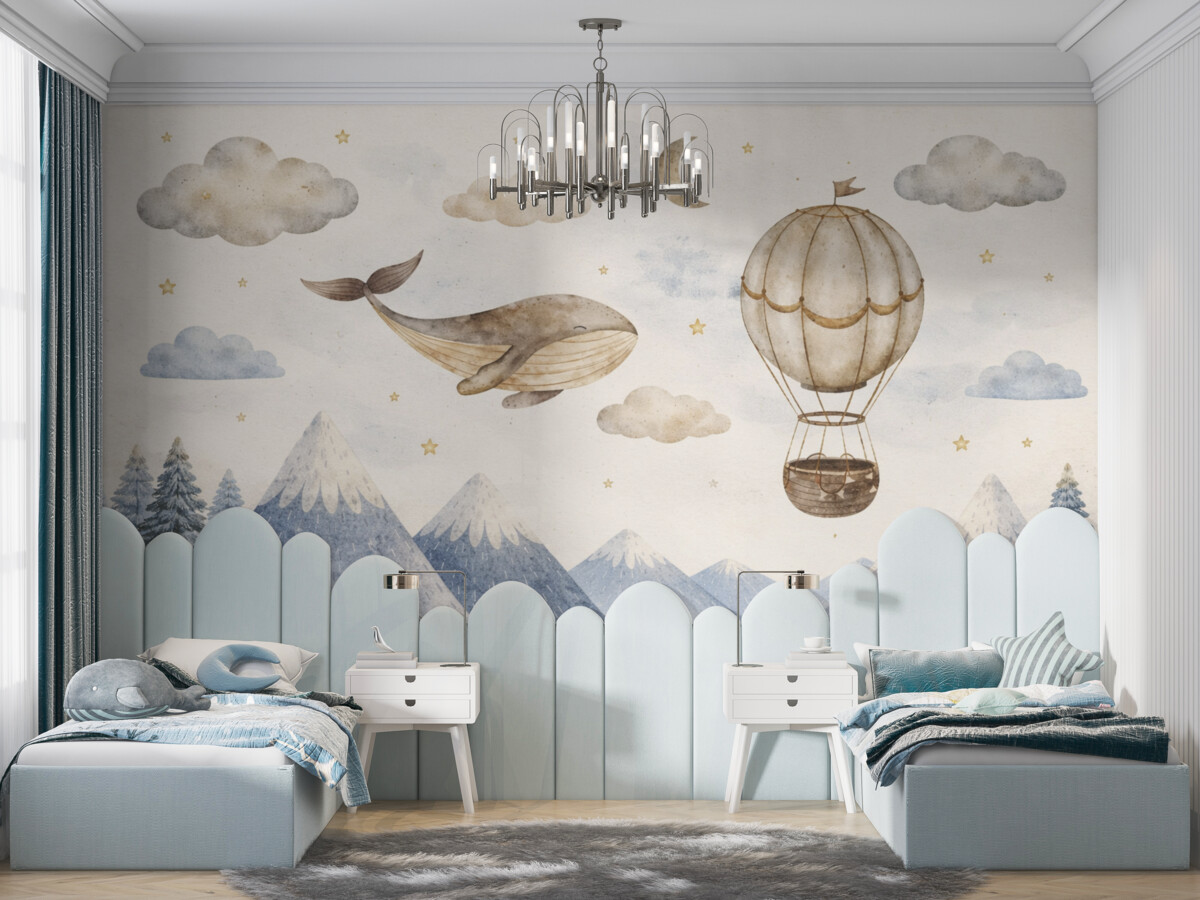 Fototapeta Balon, uroczy wales, rozgwieżdżone niebo, szczyty, akwarela, odcienie niebieskiego i beżowego.