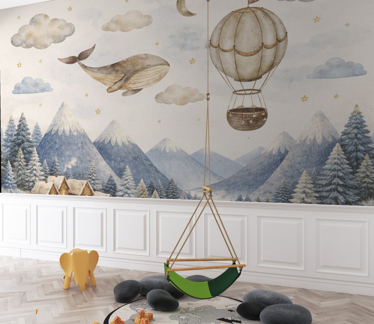 Fototapeta Balon, uroczy wales, rozgwieżdżone niebo, szczyty, akwarela, odcienie niebieskiego i beżowego.