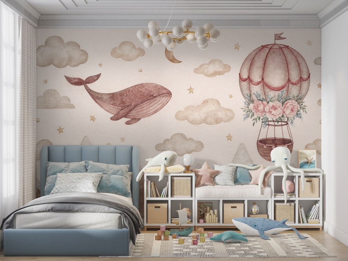 Fototapeta Urokliwy wieloryb z balonikiem, niebo z obłokami, szczyty gór, technika akwareli, różowe odcienie.