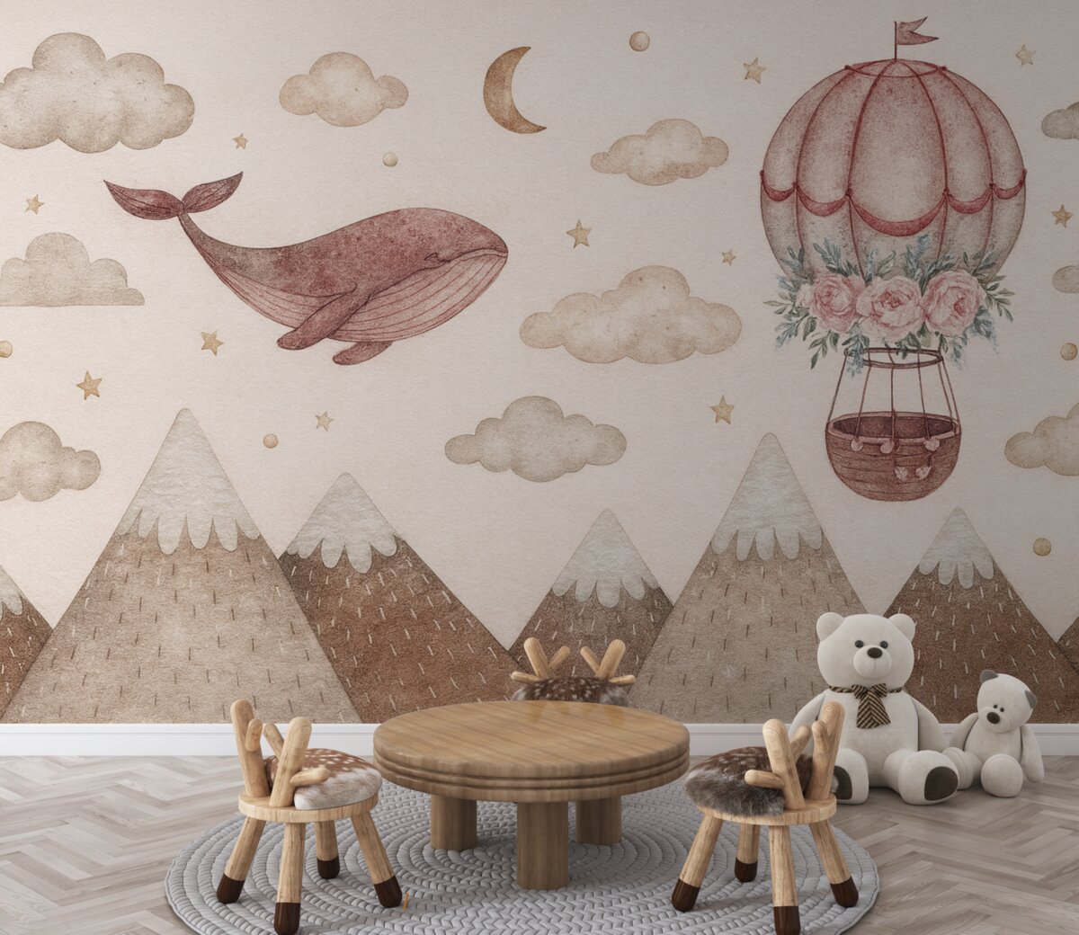 Fototapeta Urokliwy wieloryb z balonikiem, niebo z obłokami, szczyty gór, technika akwareli, różowe odcienie.