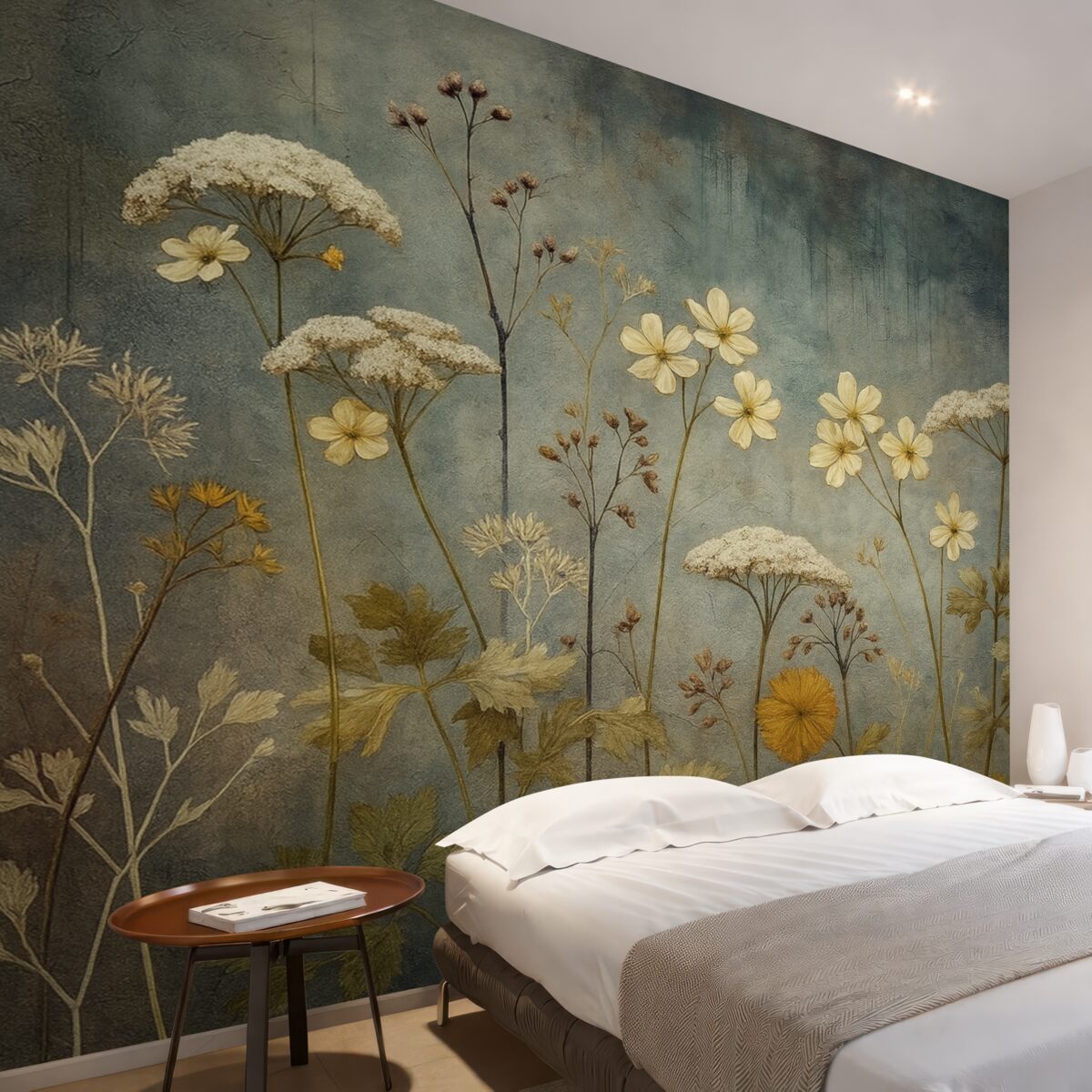 Fototapeta Naturalne kwiaty i trawy na tle ściany w stylu grunge.