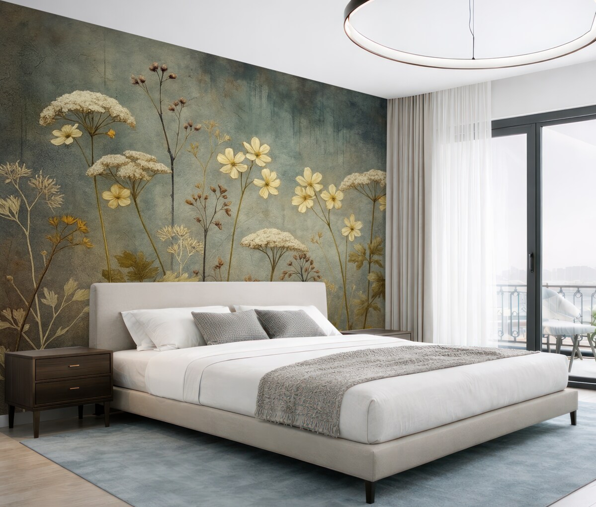 Fototapeta Naturalne kwiaty i trawy na tle ściany w stylu grunge.