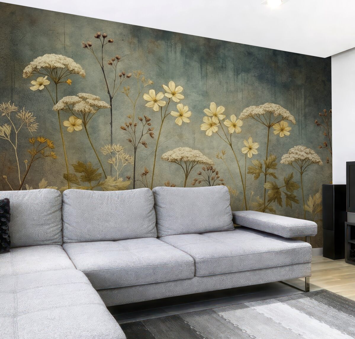 Fototapeta Naturalne kwiaty i trawy na tle ściany w stylu grunge.