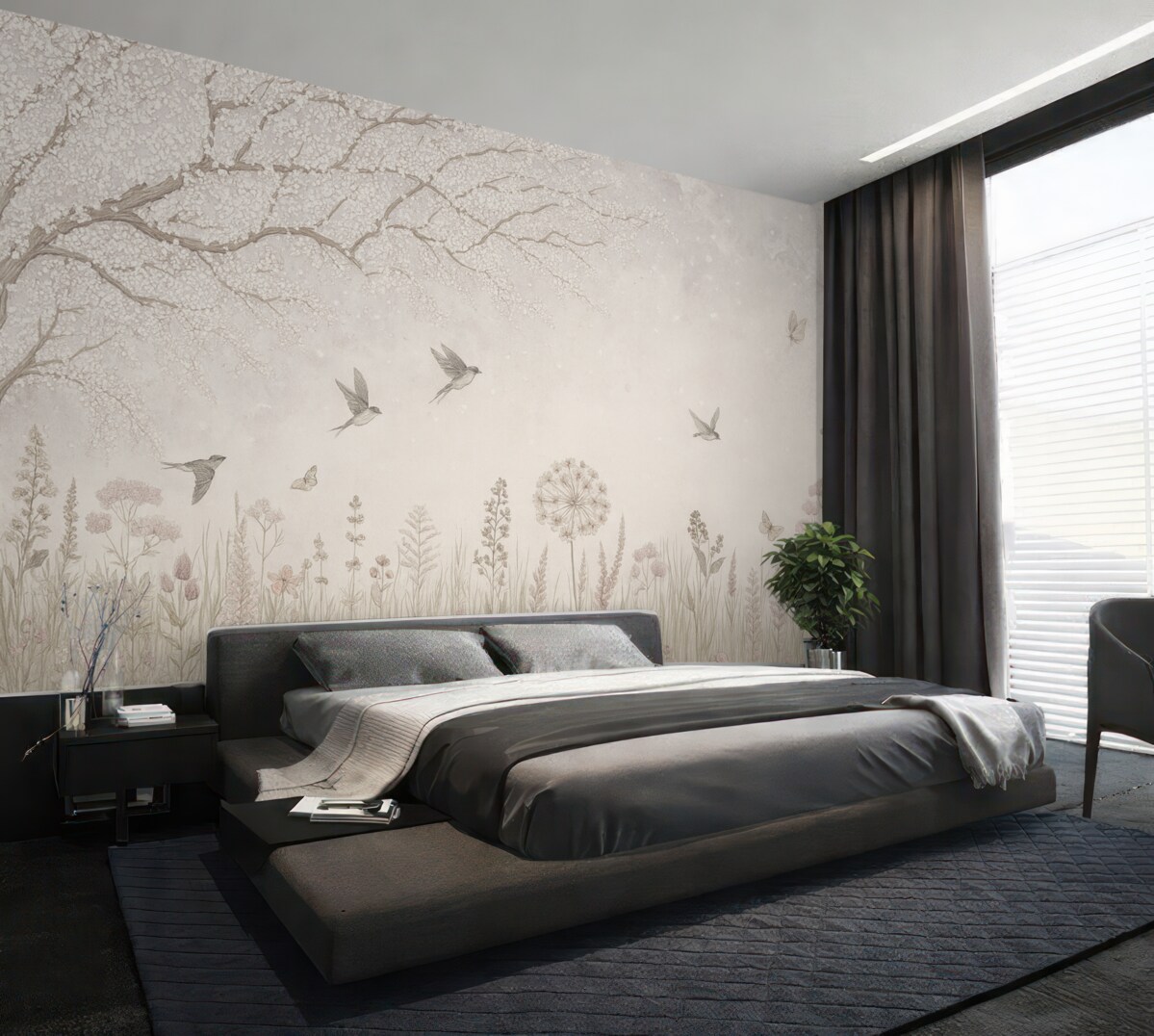 Fototapeta Rozkwitające drzewo z łąkowymi kwiatami i ptakami.