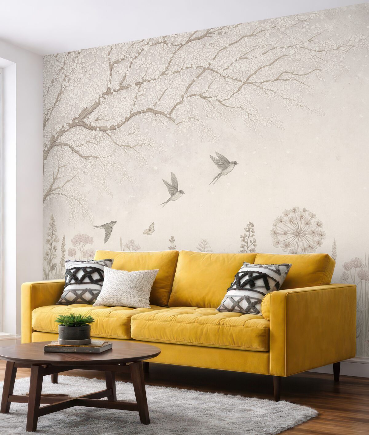 Fototapeta Rozkwitające drzewo z łąkowymi kwiatami i ptakami.