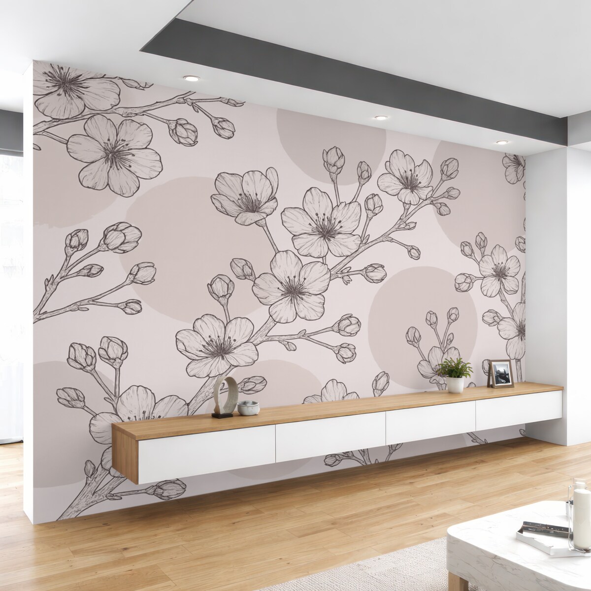 Fototapeta Gałęzie z kwiatami na kolorowych kręgach w tonacjach brązu.