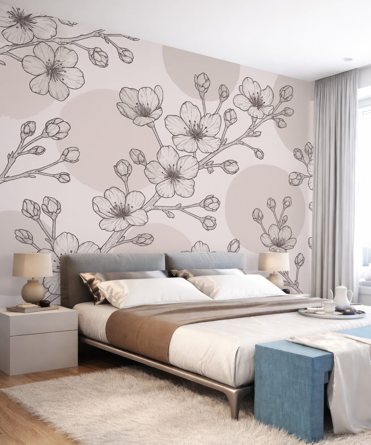 Fototapeta Gałęzie z kwiatami na kolorowych kręgach w tonacjach brązu.