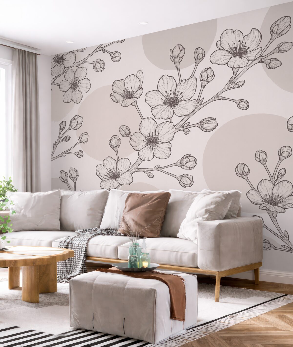 Fototapeta Gałęzie z kwiatami na kolorowych kręgach w tonacjach brązu.