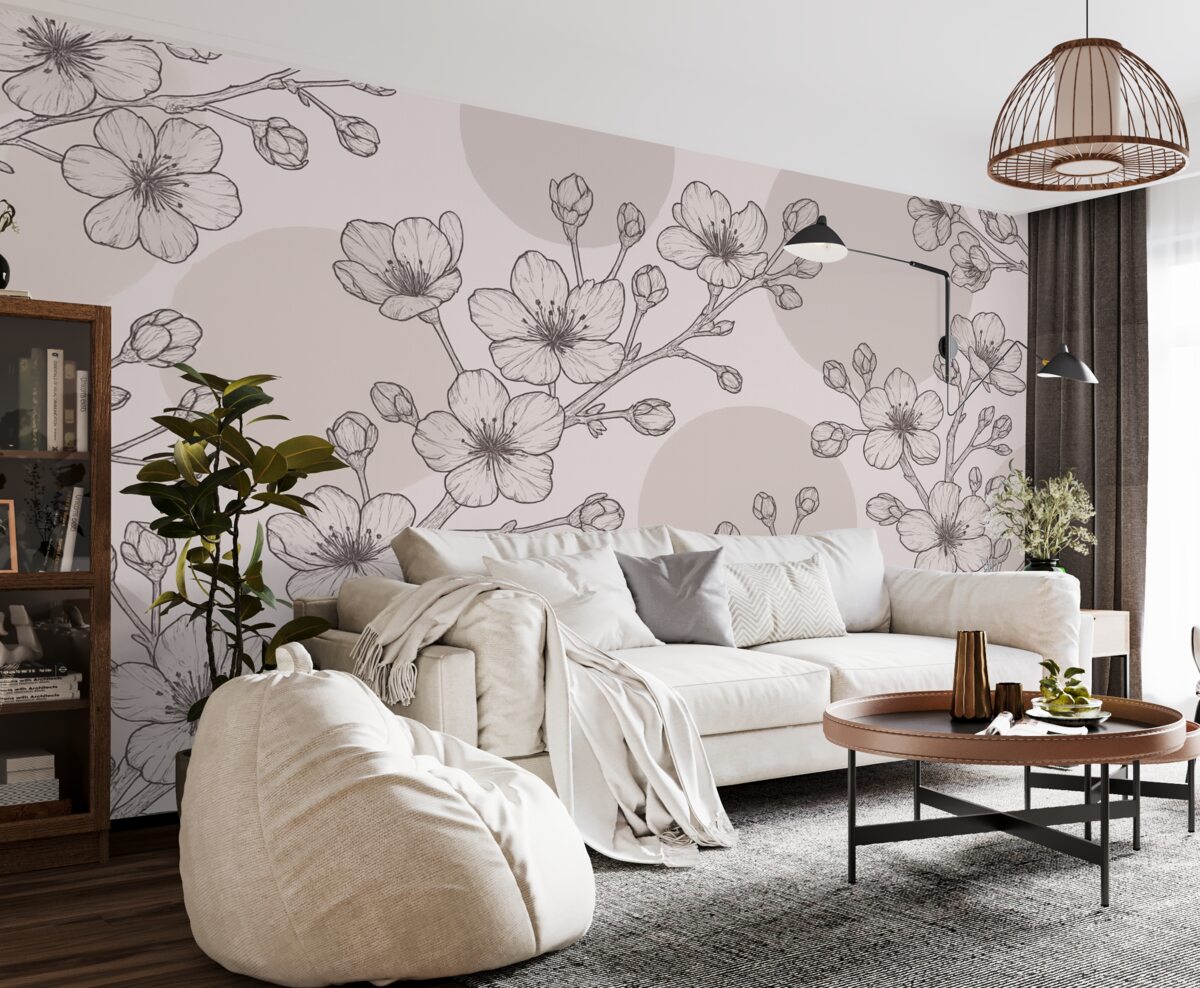 Fototapeta Gałęzie z kwiatami na kolorowych kręgach w tonacjach brązu.